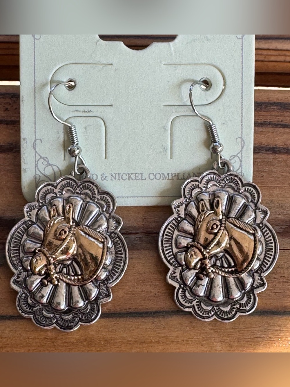 Western Horse Head Medallion Two Tone Dangle Earrings NEW Silver and Gold Tone